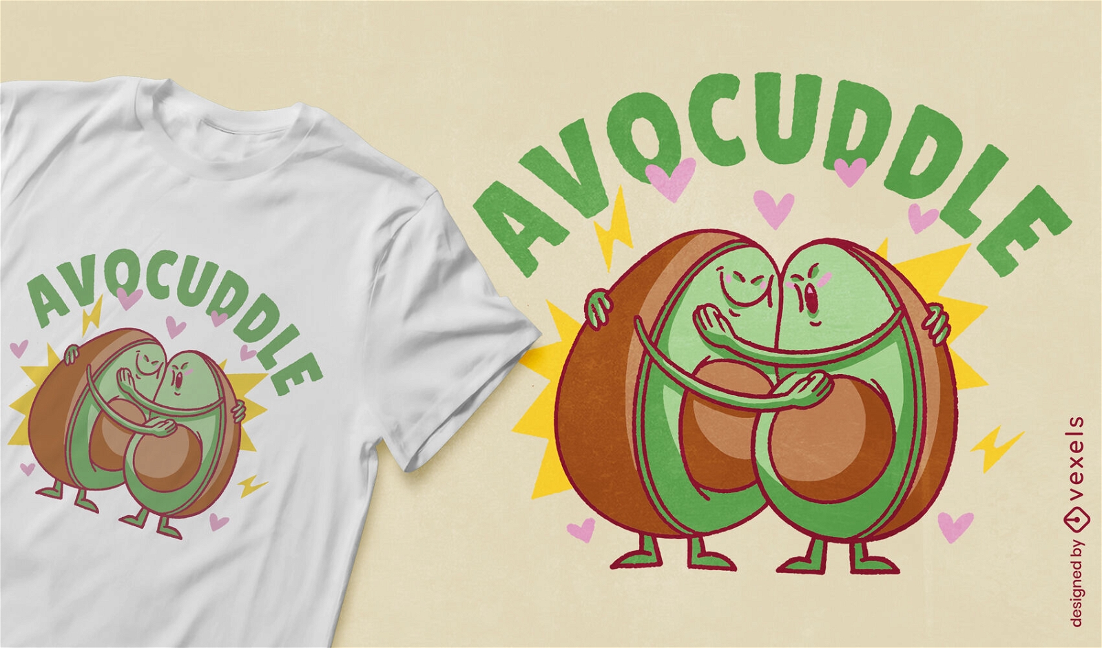 Design de t-shirt de desenho animado de amor abraçando abacate