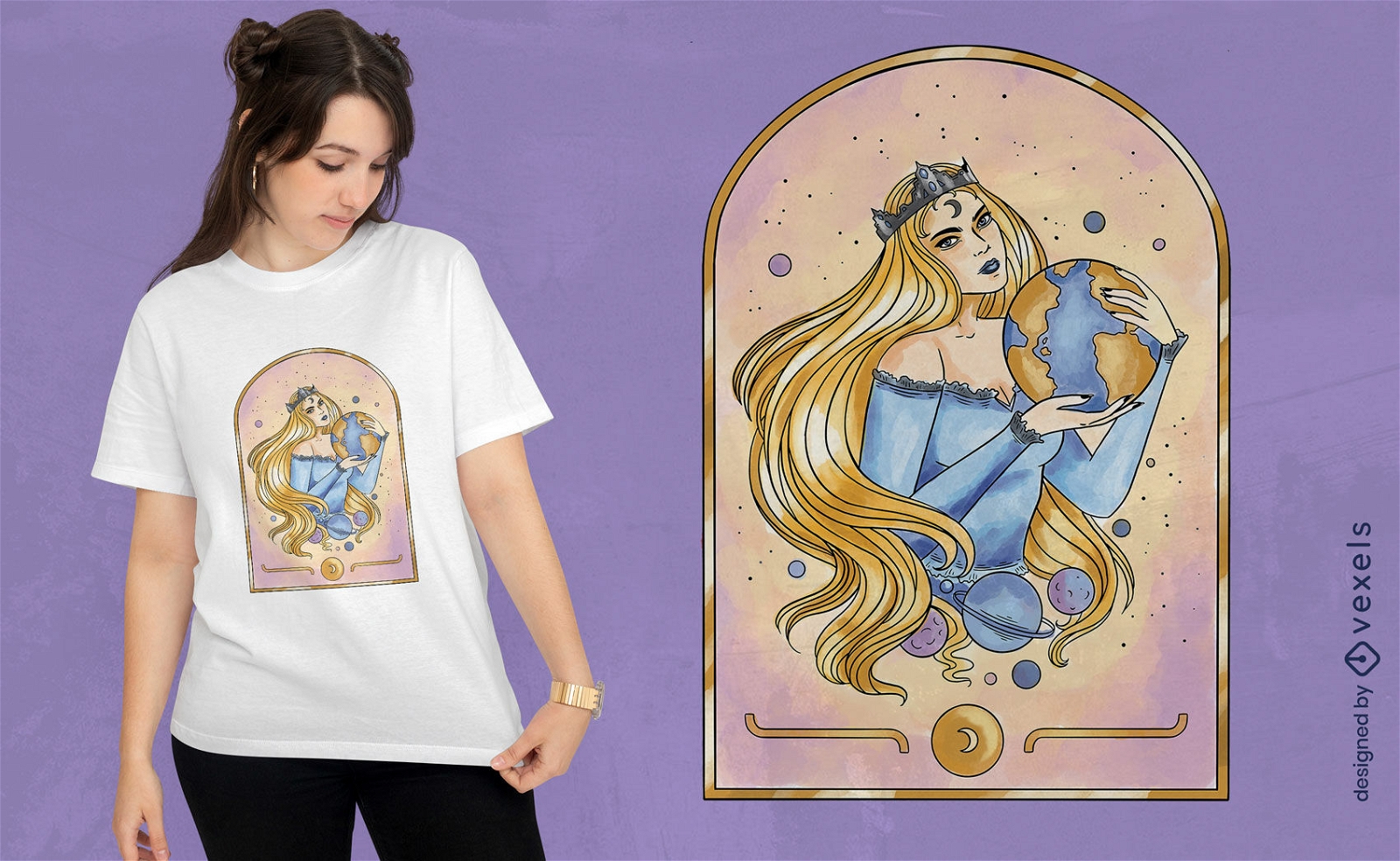 Mystical queen with planet earth t-shirt design