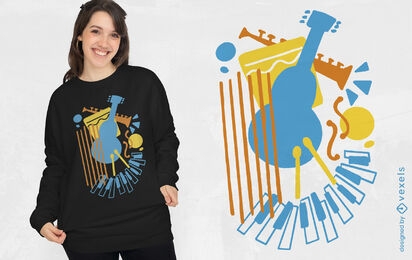 Diseño de camiseta de instrumentos musicales abstractos.