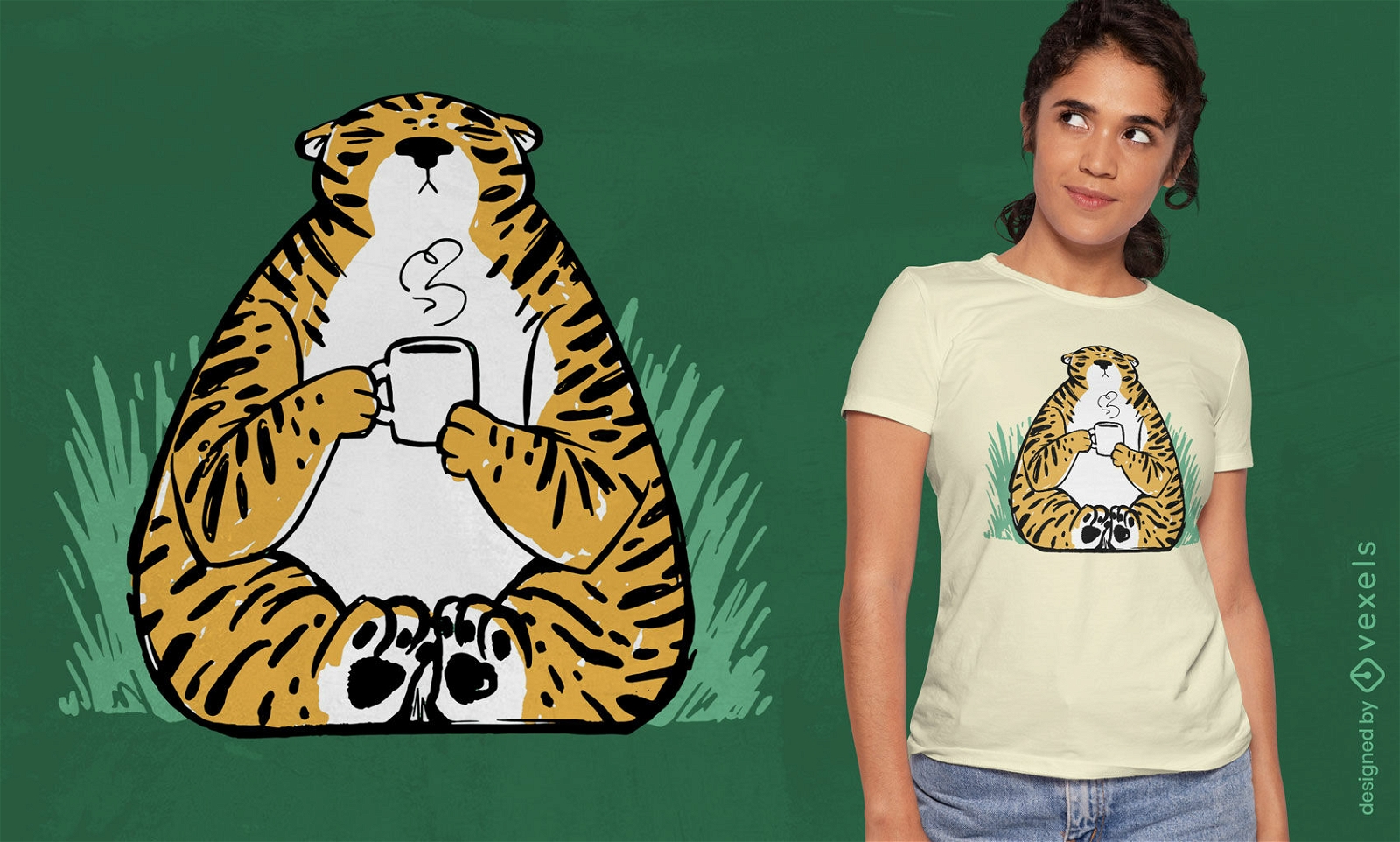Design de camiseta de tigre bebendo café