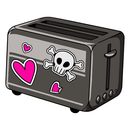 A toaster oven with crossbones and hearts stickers PNG Design