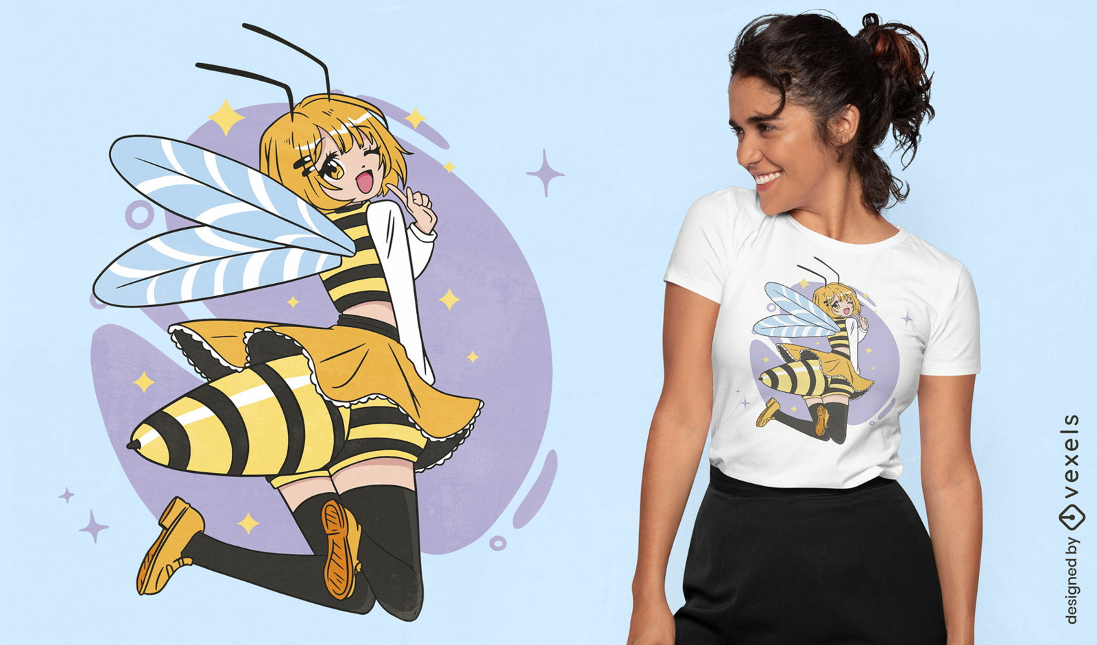 Design de camiseta de menina de anime de abelha
