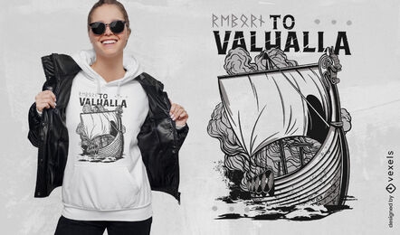 Diseño de camiseta de barco vikingo Valhalla