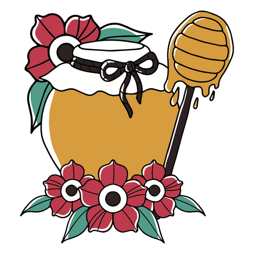 Bee honey jar with flowers around PNG Design