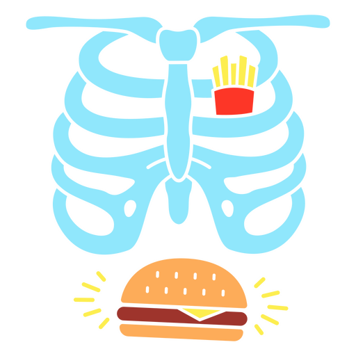 Un esqueleto con una hamburguesa con queso. Diseño PNG