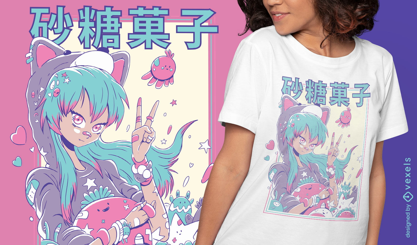 Linda chica anime con diseño de camiseta de peluche