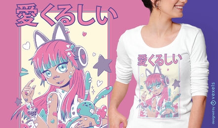 Linda garota de anime com design de camiseta de fones de ouvido