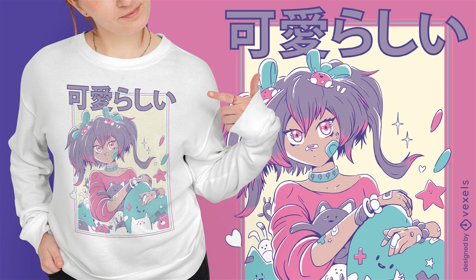 Linda garota de anime com design de camiseta de rabos de cavalo