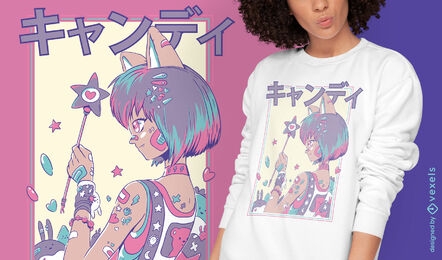 Linda garota de anime com design de camiseta de varinha mágica
