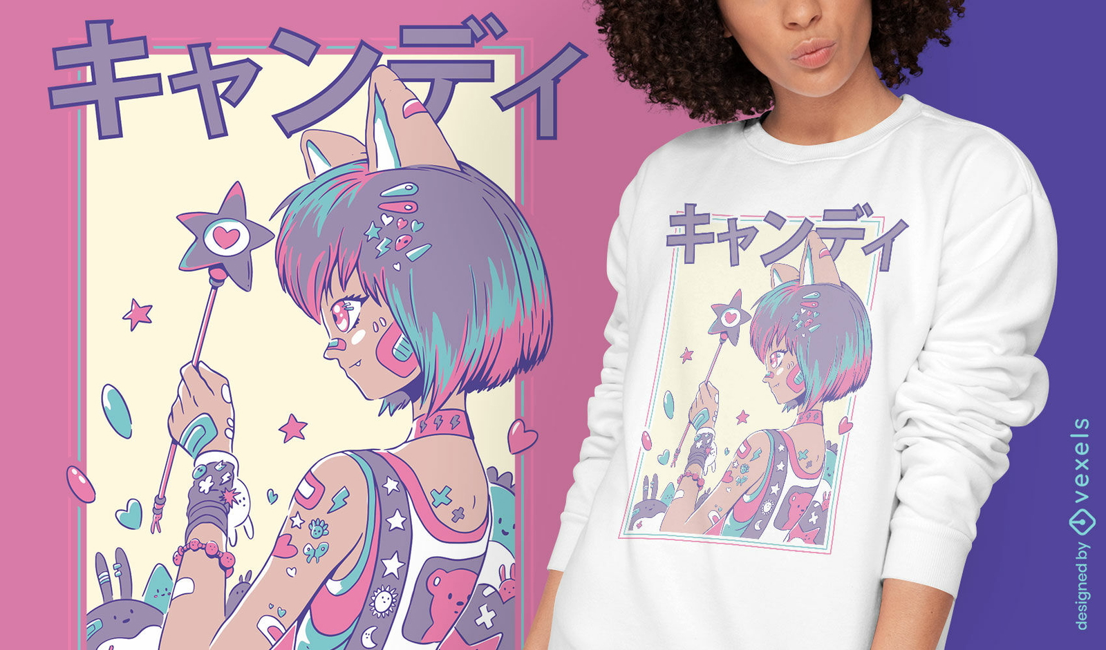 Linda chica anime con diseño de camiseta de varita mágica