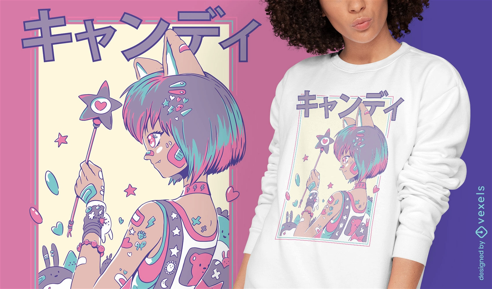 Nettes Anime-M?dchen mit Zauberstab-T-Shirt-Design