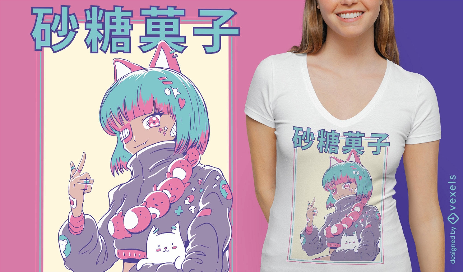 Linda garota de anime com design de camiseta de tapa-olho