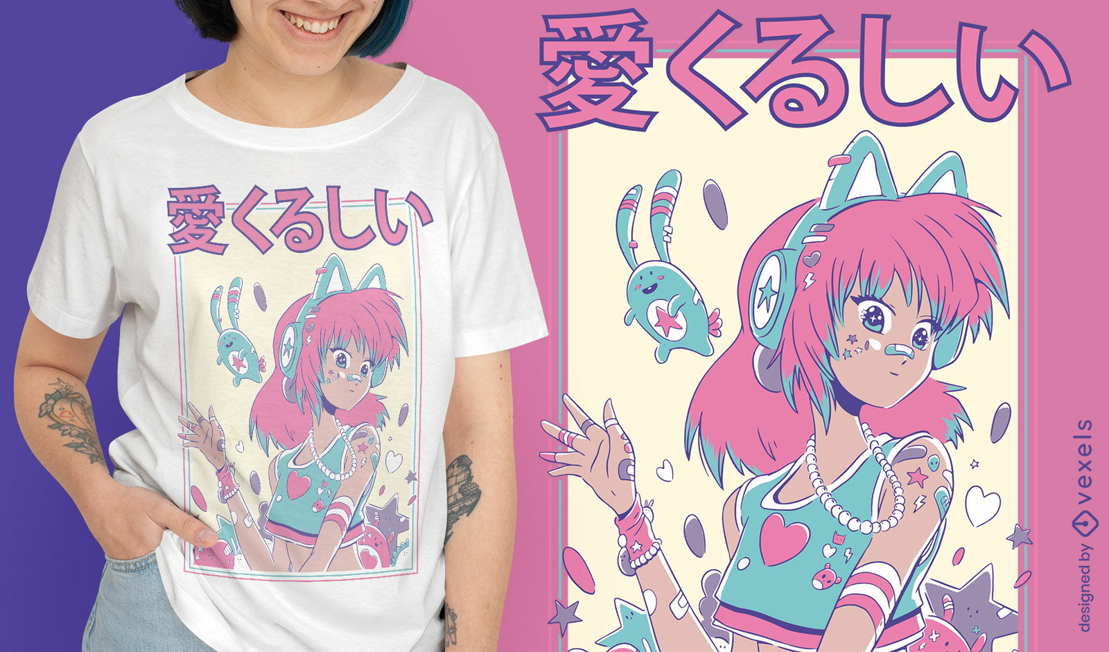 Linda chica anime en diseño de camiseta de orejas de gato