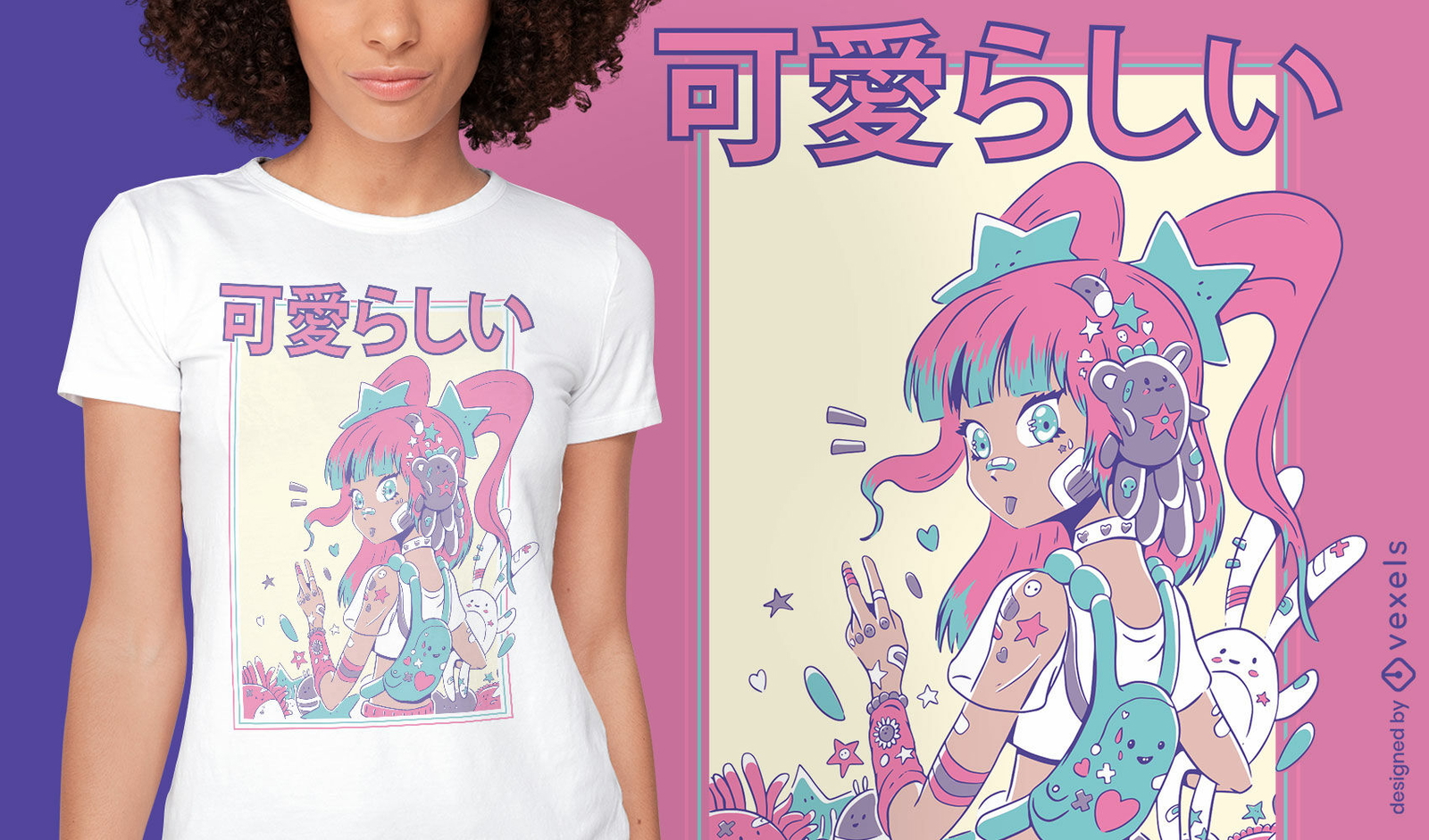 Linda chica anime con diseño de camiseta de juguetes de peluche