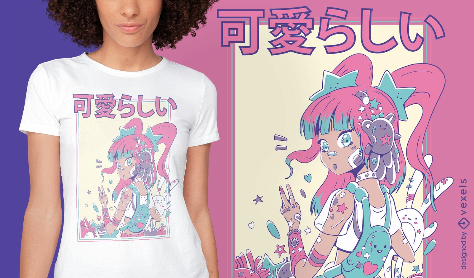 Nettes Anime-M?dchen mit Pl?schspielzeug-T-Shirt-Design