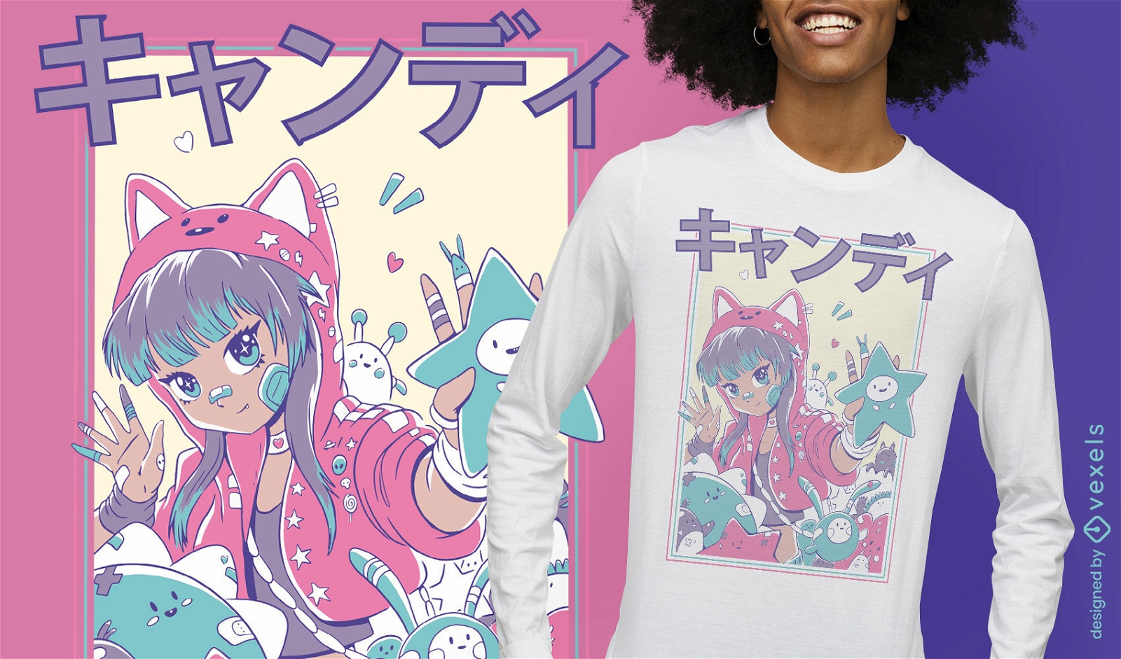 Linda garota de anime com design de camiseta com capuz
