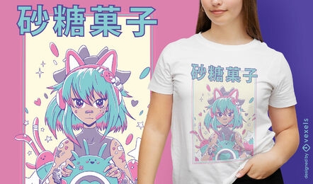 Design de camiseta de garota gamer de anime bonito