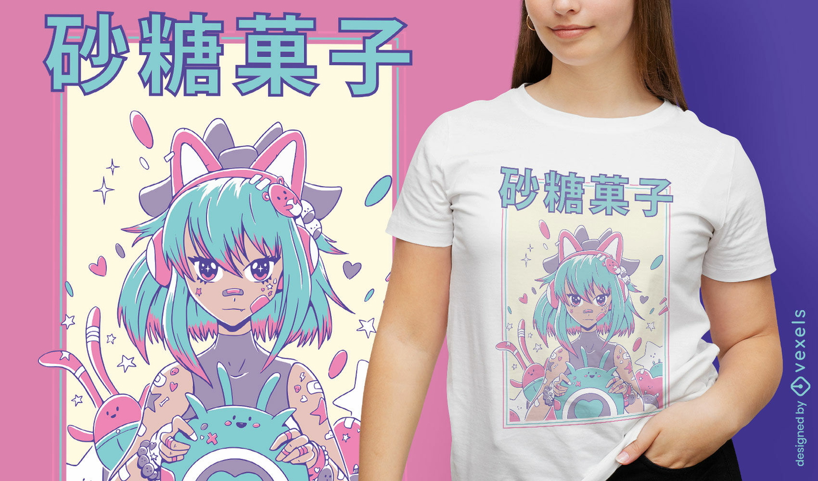 Lindo diseño de camiseta de anime gamer girl