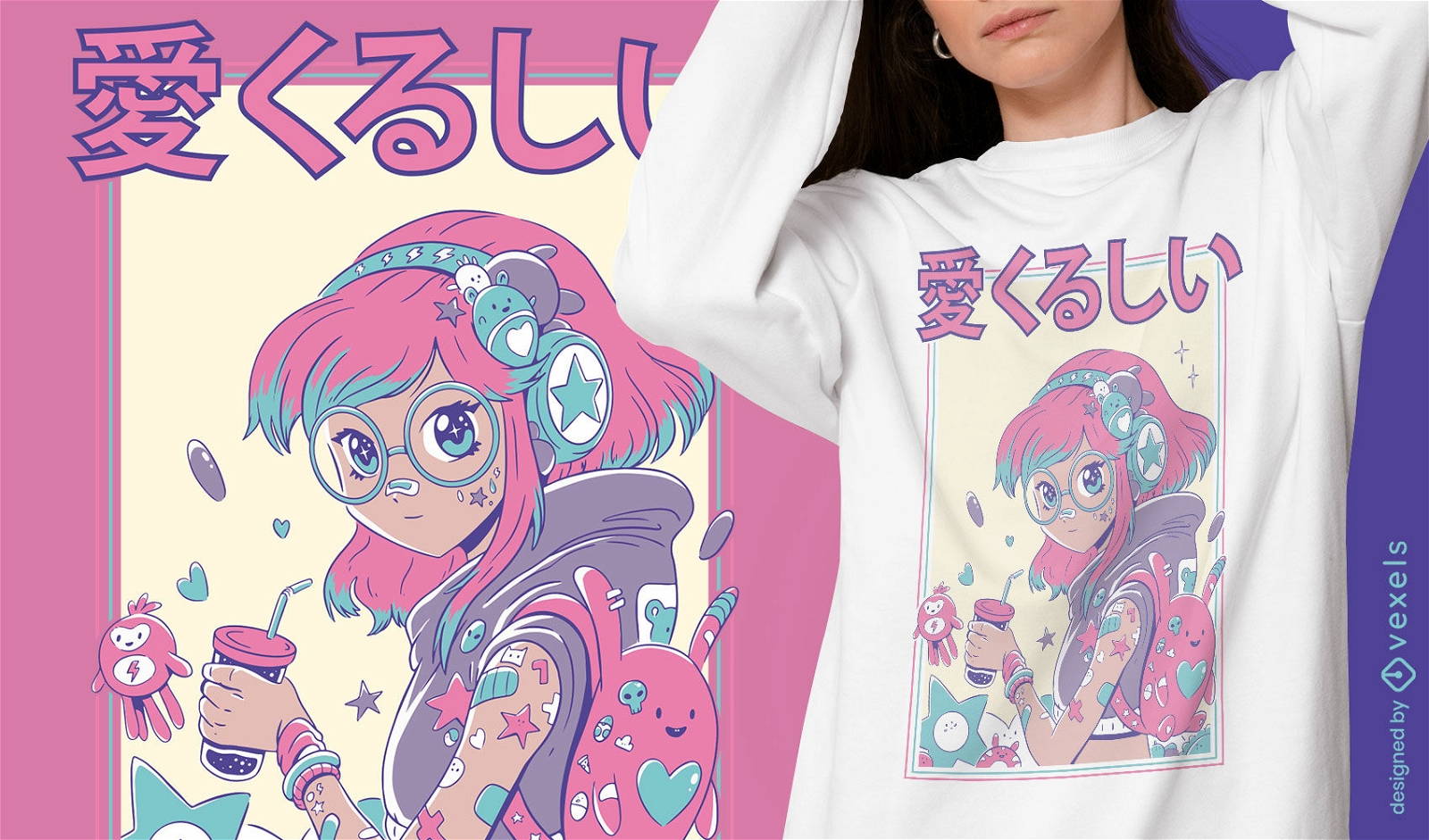 Nettes Anime-Mädchen mit Brillen-T-Shirt-Design