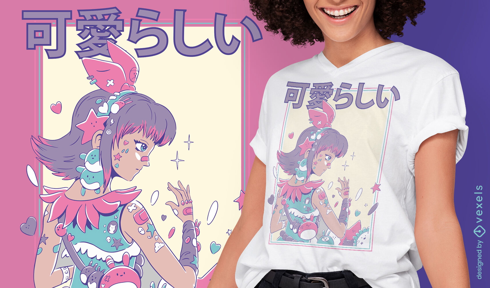 Linda chica anime con diseño de camiseta de peluches