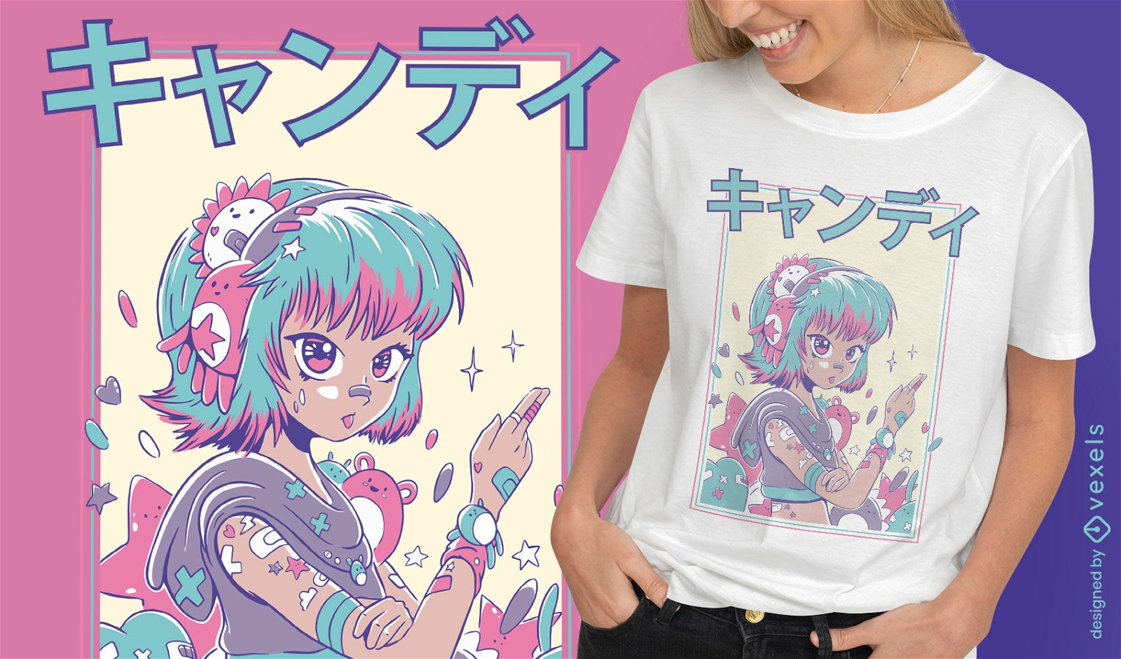Design de camiseta de garota japonesa de anime bonito