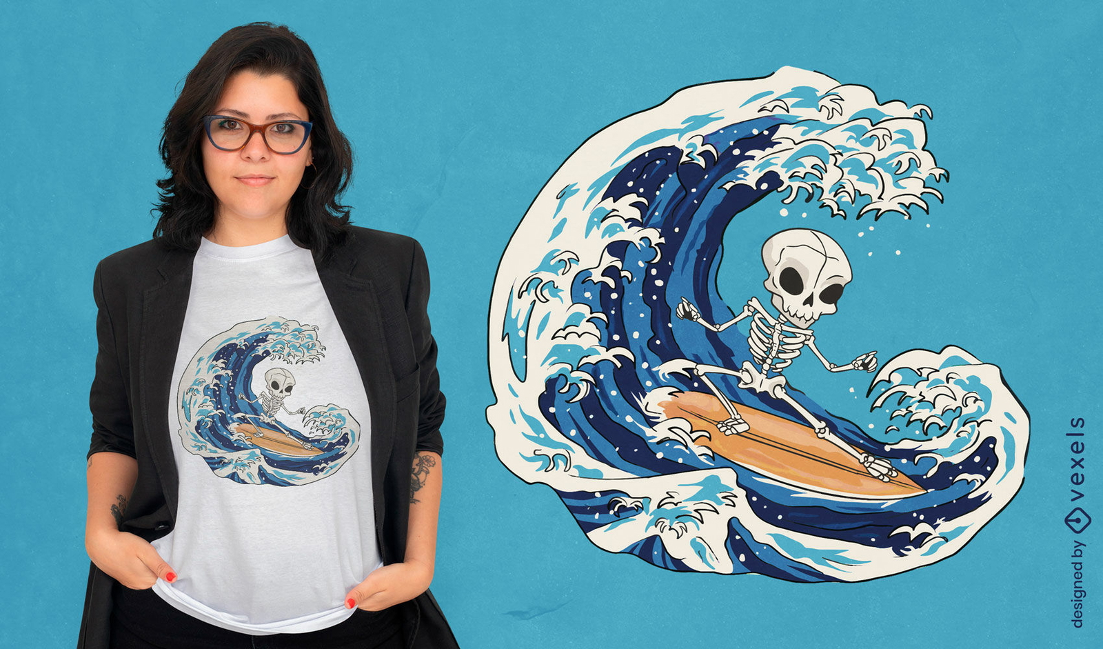 Diseño lindo de camiseta de esqueleto de surf