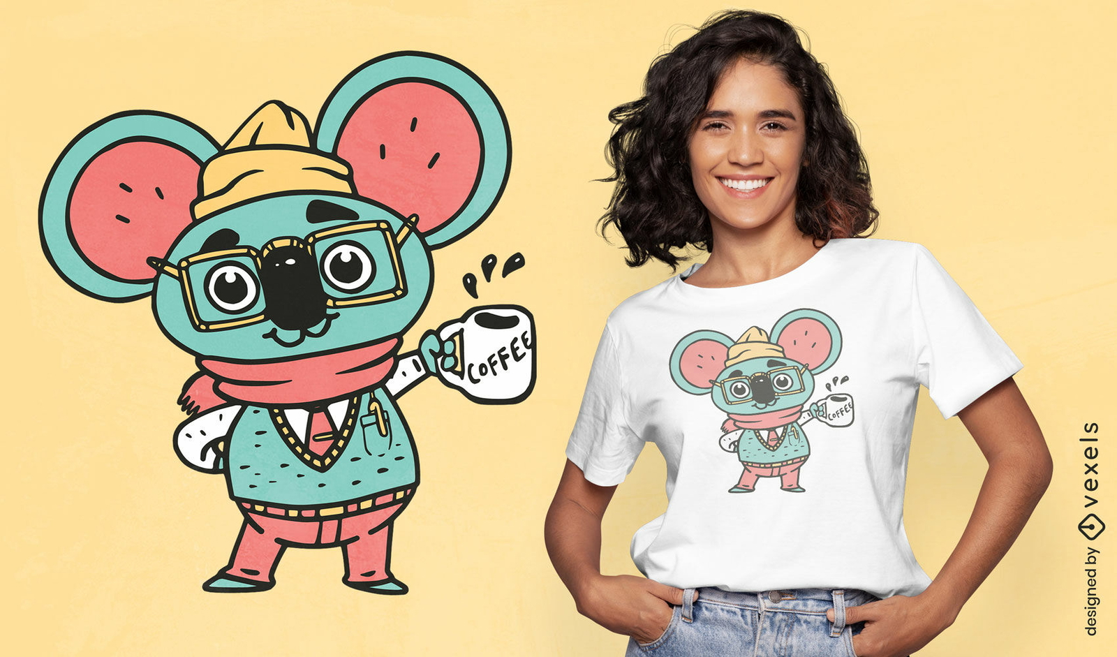 Diseño de camiseta de dibujos animados de koala de café