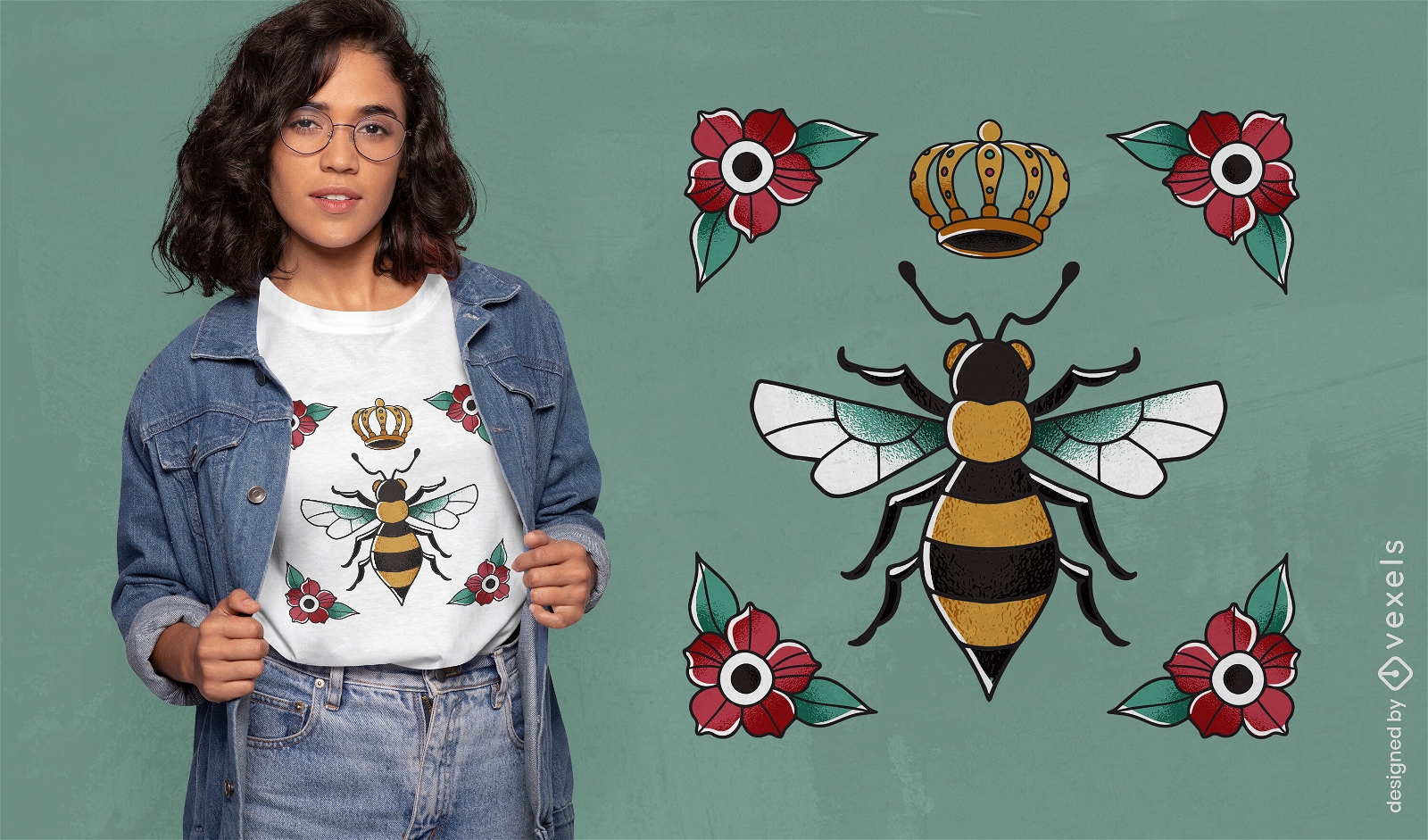 Diseño de camiseta de abeja con flores y corona.