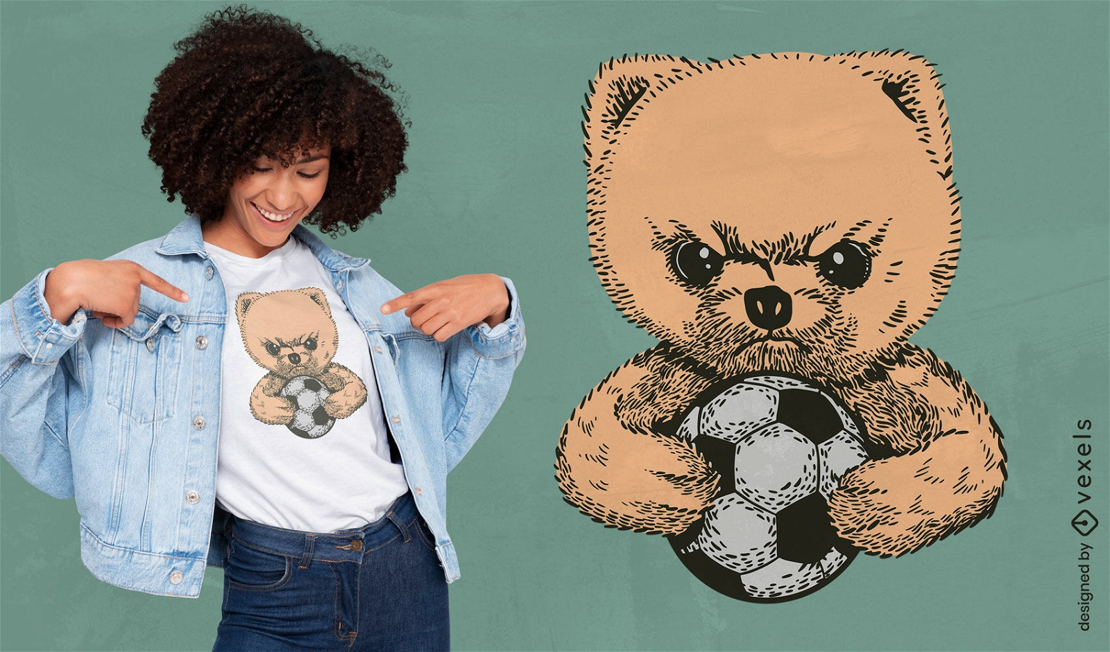 Urso de pelúcia com raiva com design de t-shirt de bola de futebol