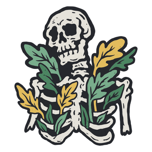 Esqueleto cubierto de hojas verdes y amarillas. Diseño PNG