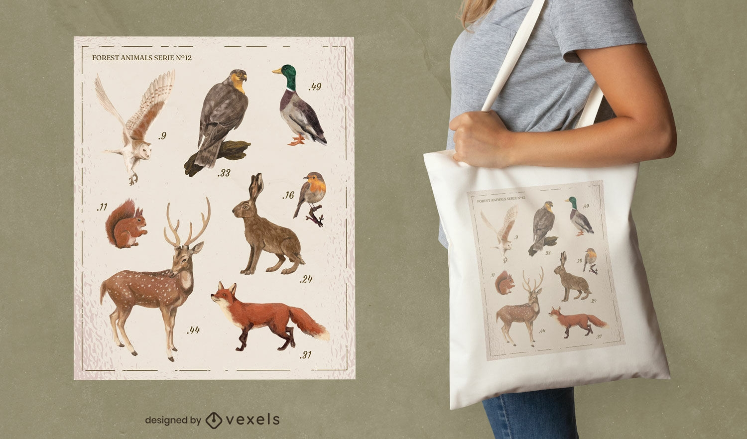 Diseño de bolsa de asas del catálogo de animales del bosque.