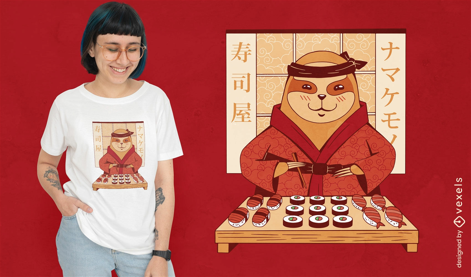 Design de camiseta de desenho animado de sushi pregui?a kawaii