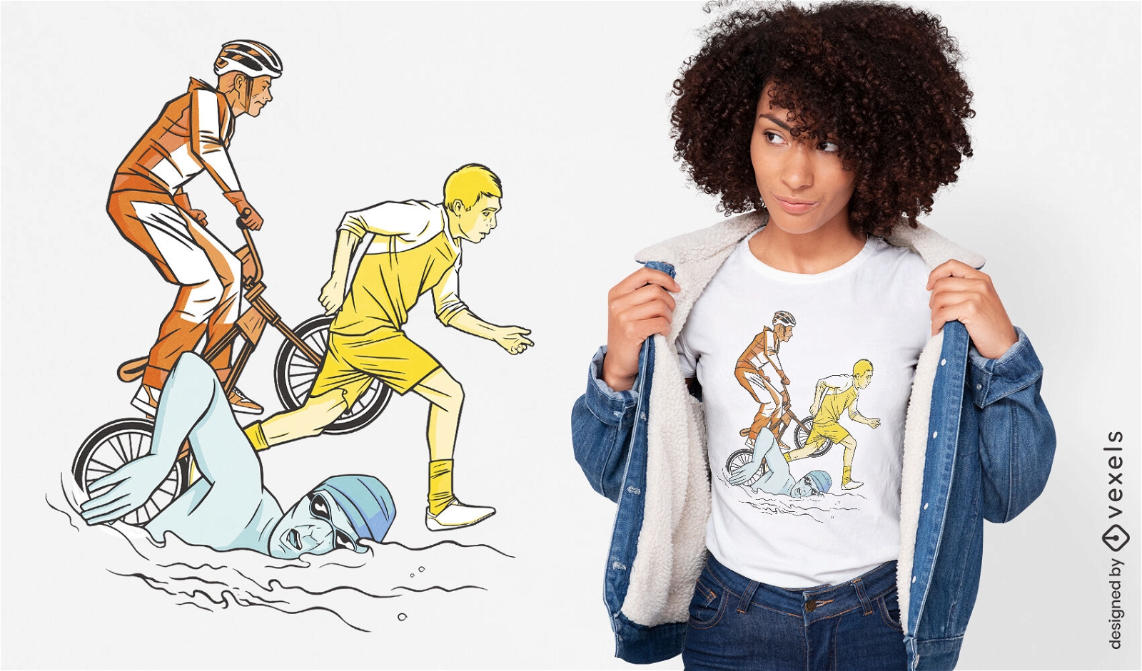 Diseño de camiseta de atletas corriendo y nadando.