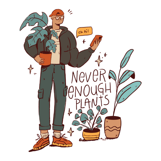 Young man enjoying indoor plants PNG Design