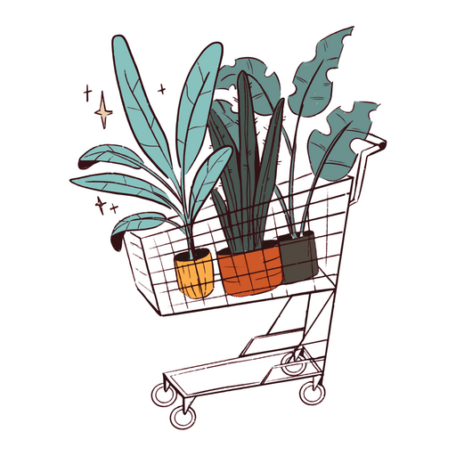 Three green houseplants in a shopping cart PNG Design