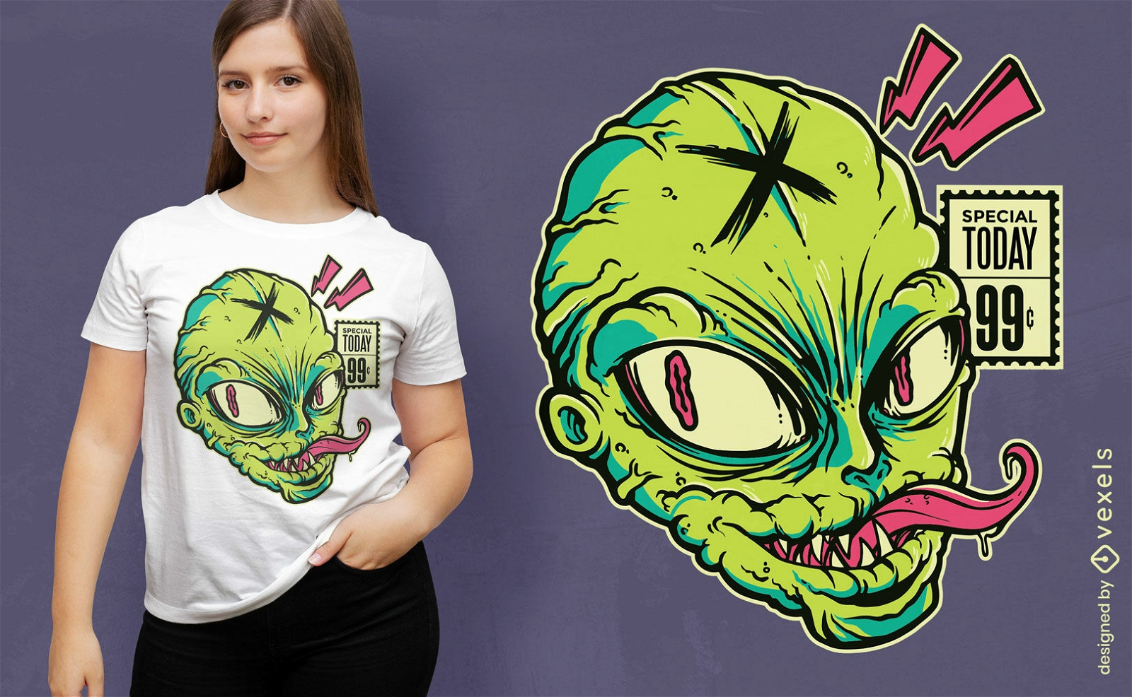 Design de camiseta de cabeça alienígena em quadrinhos