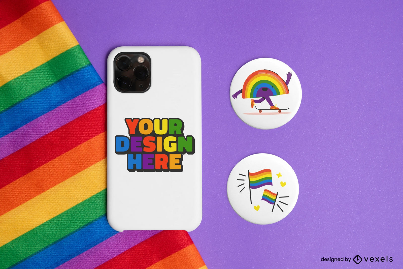 Pride phone case and pins mockup design