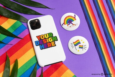Phone case and pins pride month mockup design