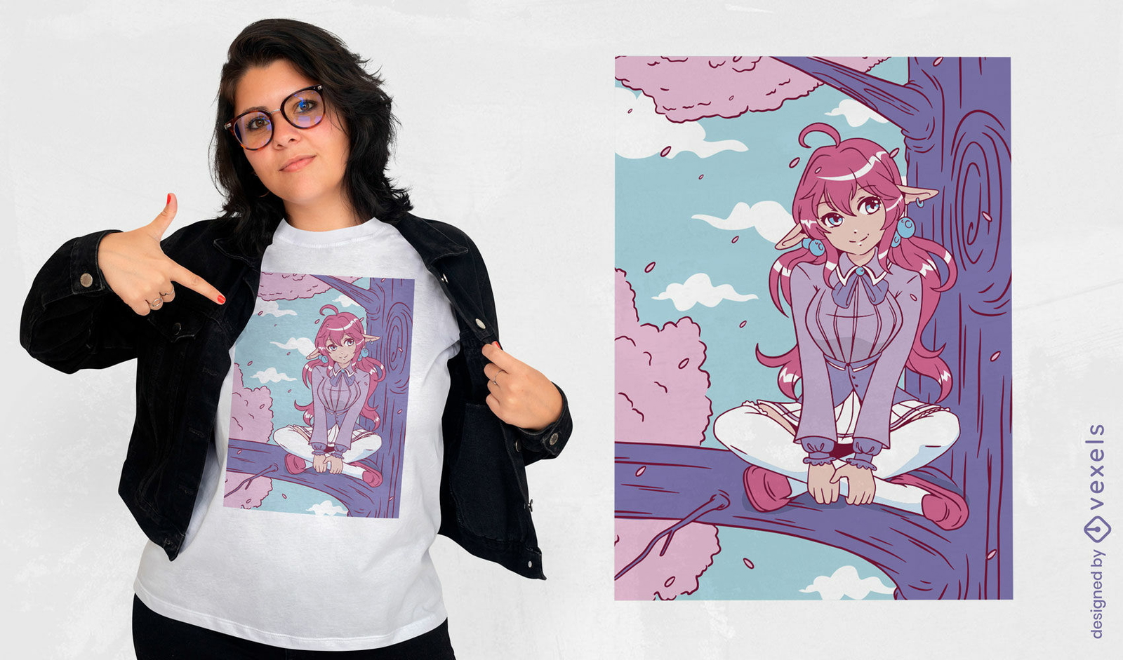 Chica elfa de anime en un diseño de camiseta de árbol.