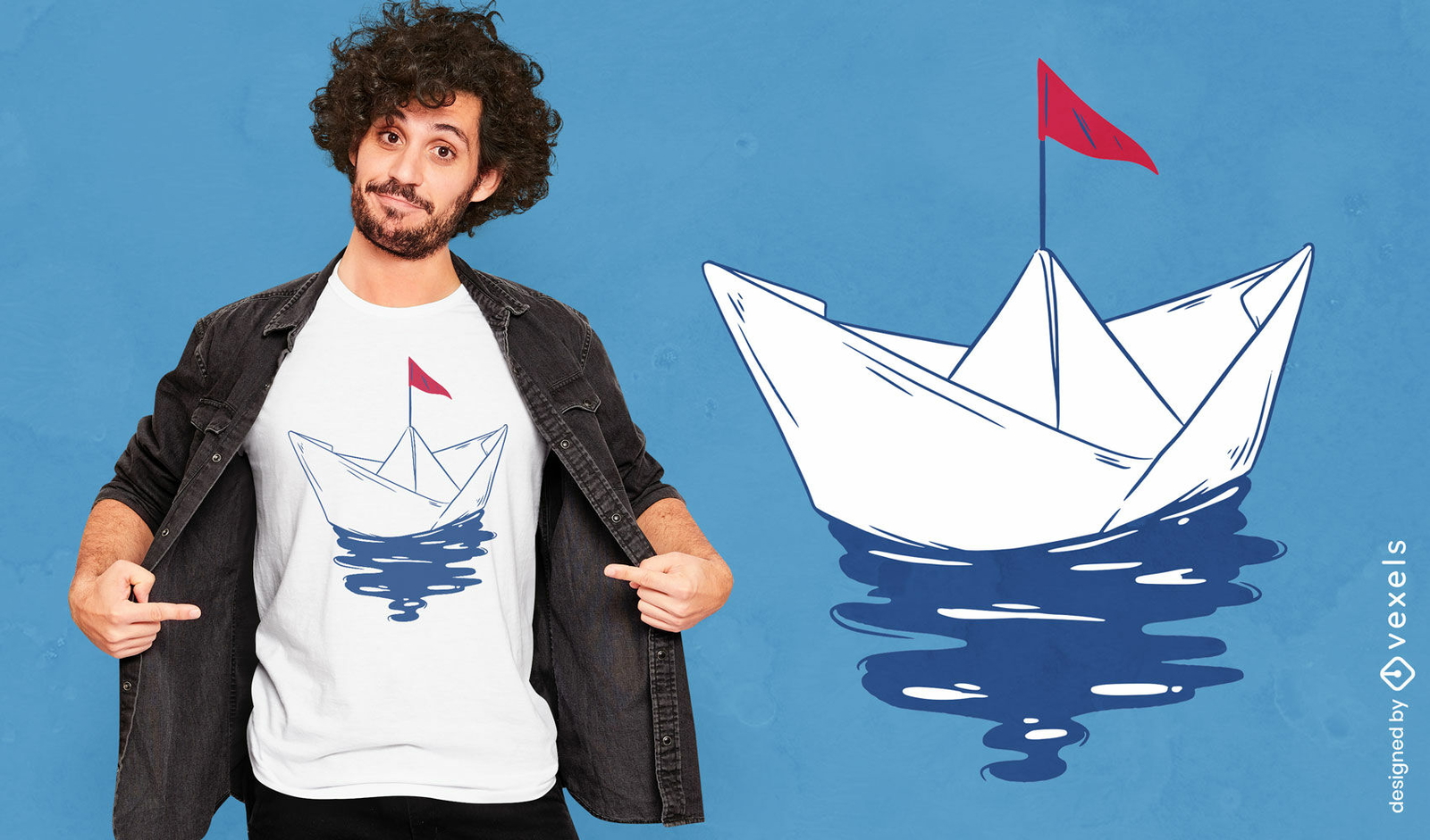 Diseño de camiseta de barco de papel de agua.