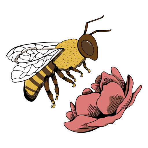 Bee flying toward a pink flower PNG Design