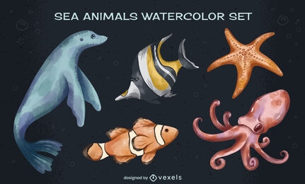 Conjunto de ilustrações em aquarela de animais marinhos