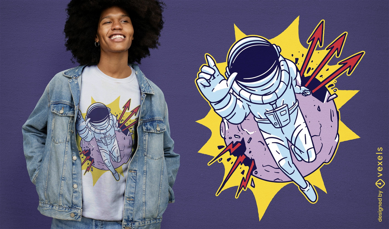 Diseño de camiseta de astronauta y luna explosiva.