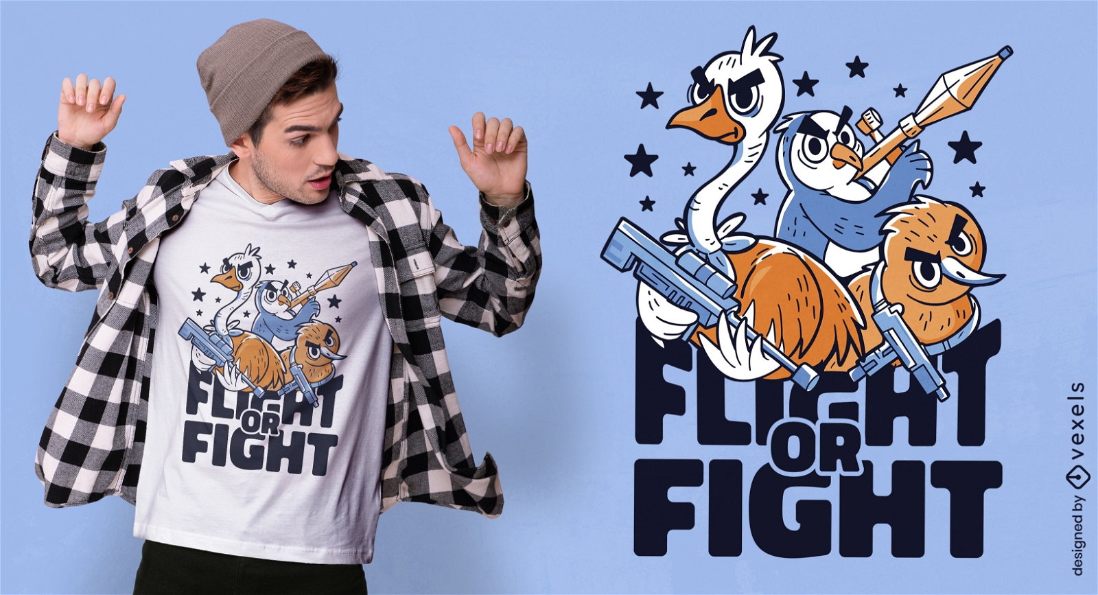 T-Shirt-Design mit bewaffneten Vogelfiguren