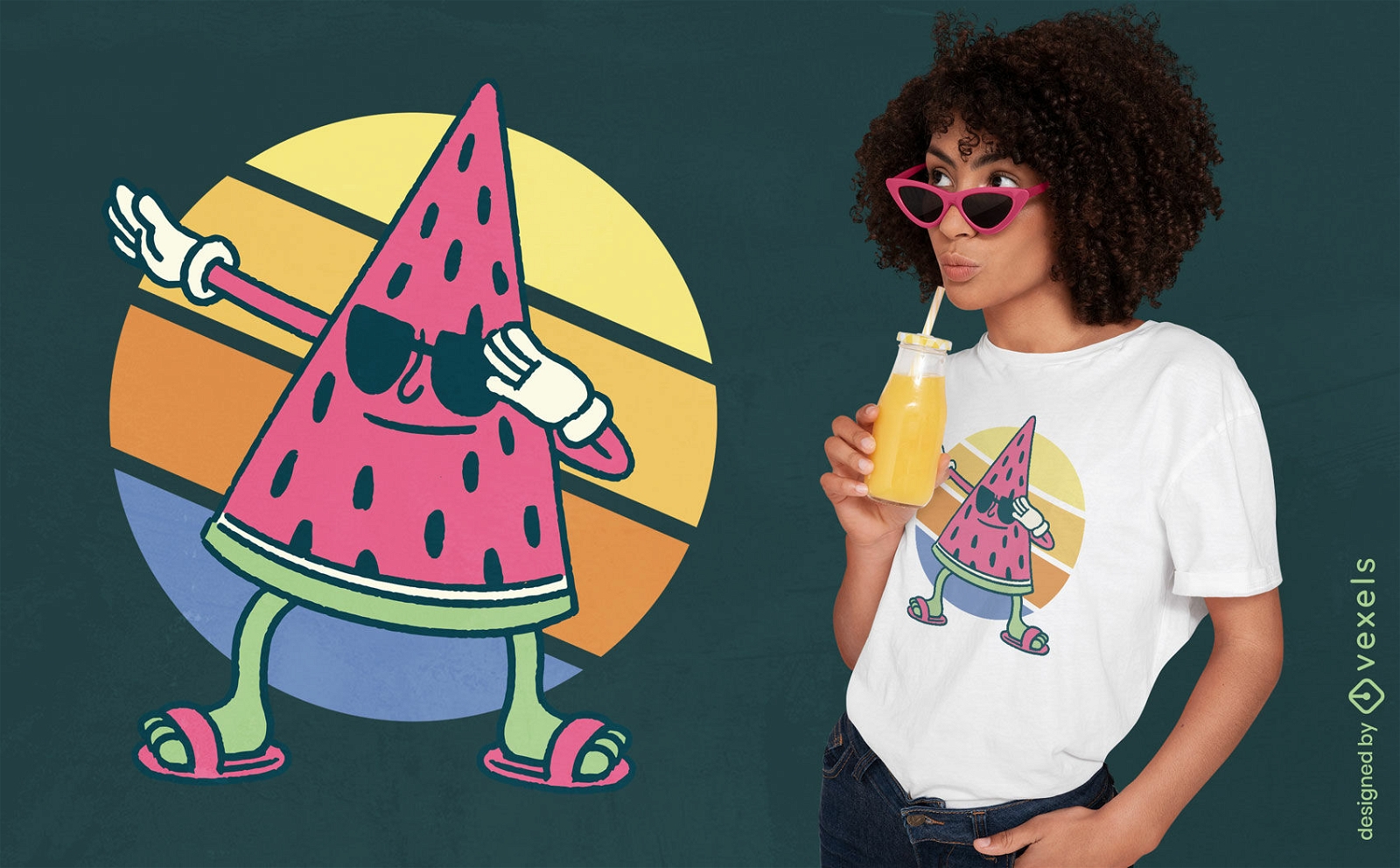 Wassermelonentupfen Retro-Sonnenuntergang-Cartoon-T-Shirt-Design