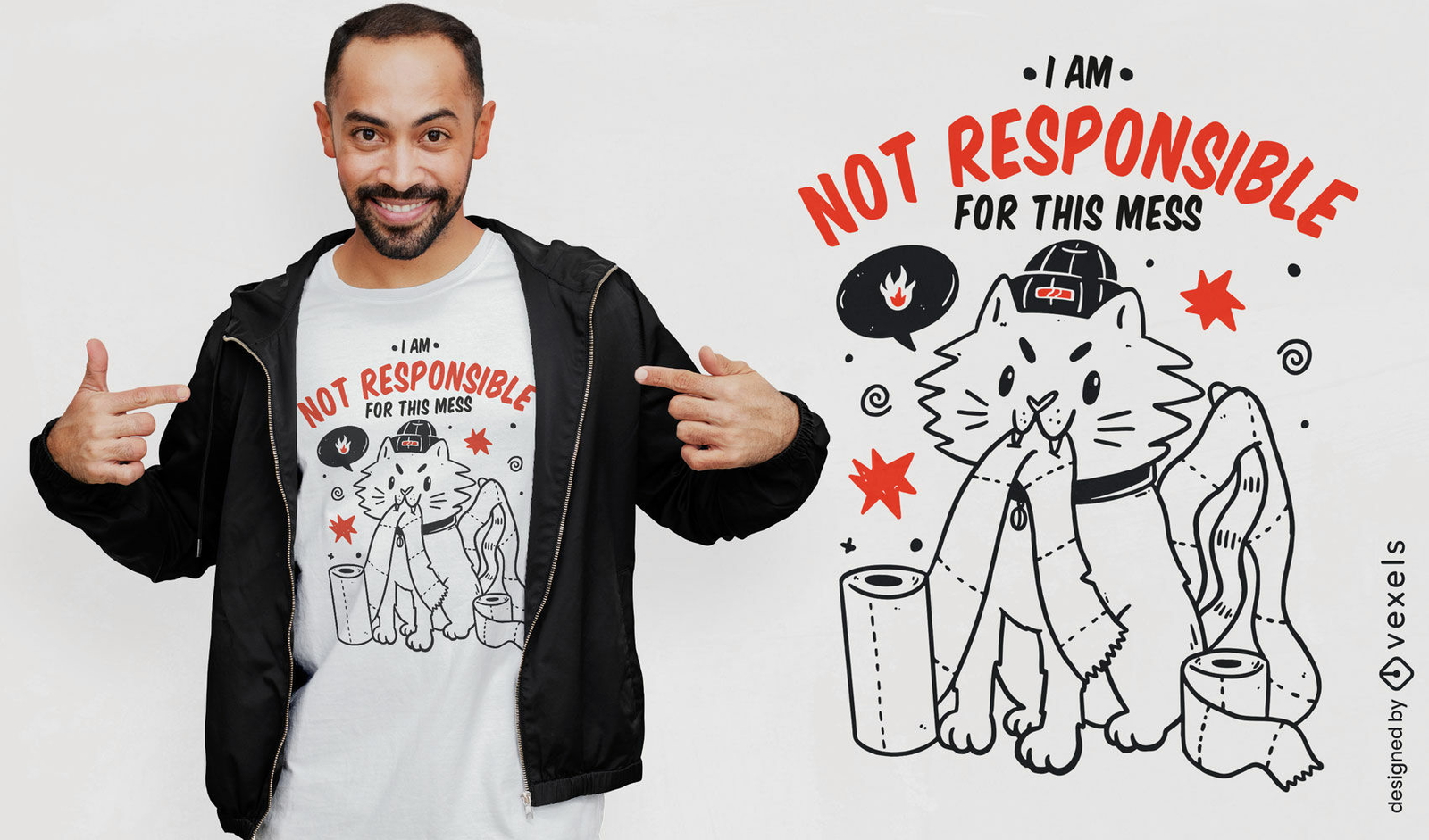 Design de camiseta com citação de personagem de gato bagunçado