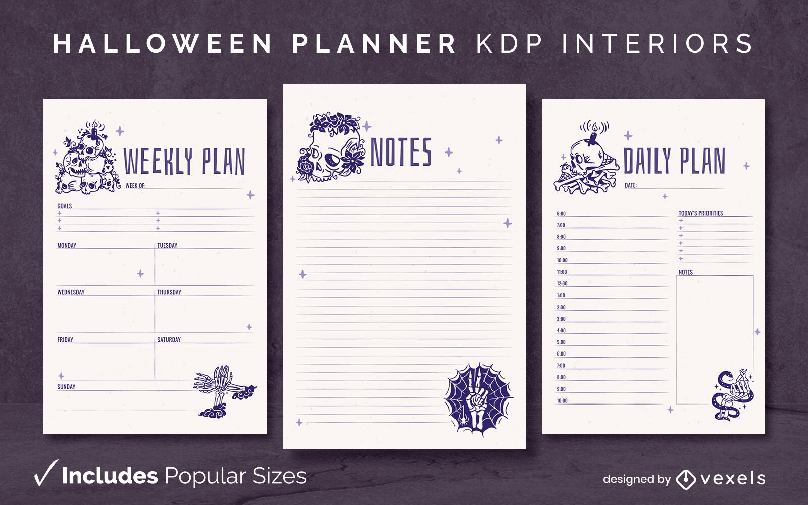 Plantilla de diario de esqueletos del planificador de Halloween Diseño de interiores KDP