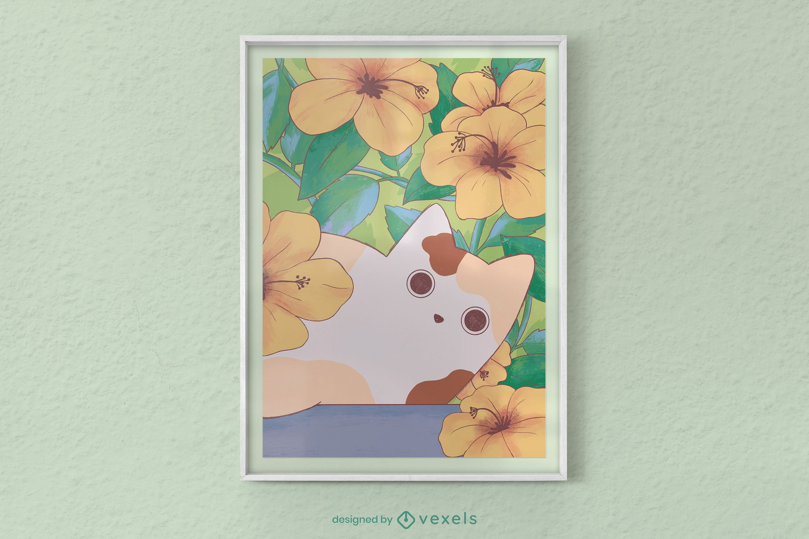 Cat with hibiscus flowers poster design