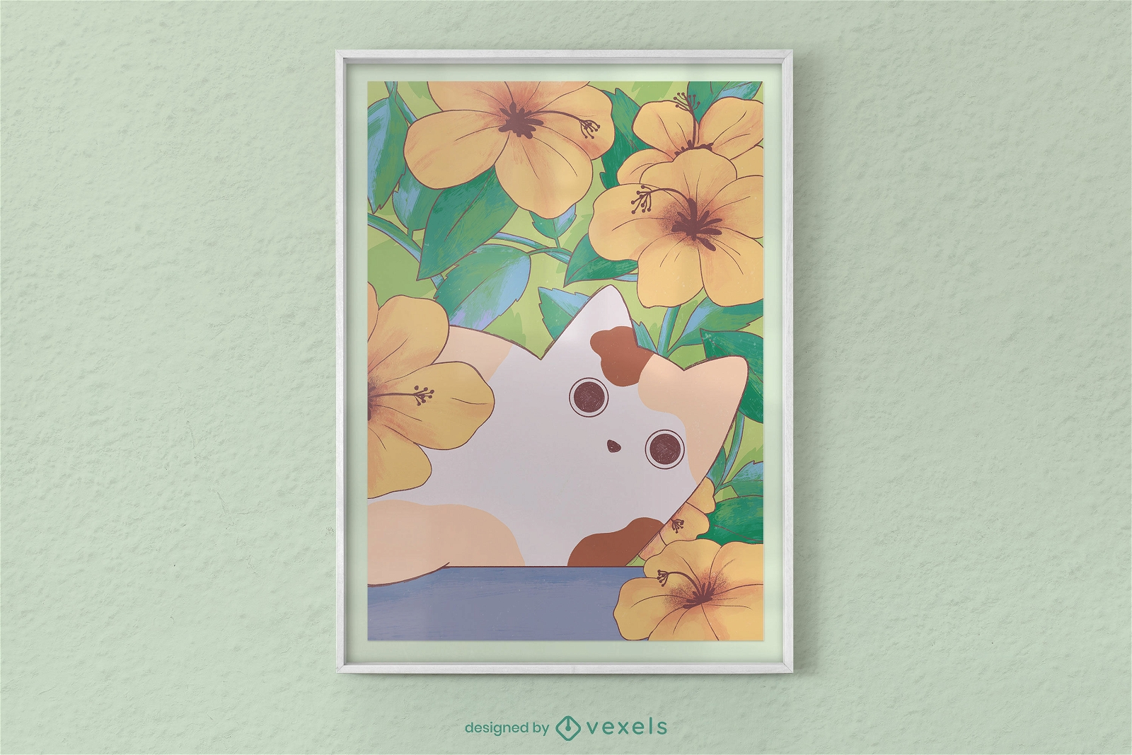 Gato com design de cartaz de flores de hibisco