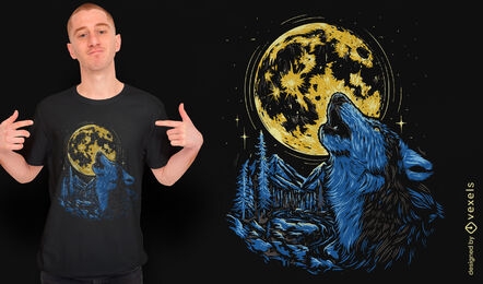 Diseño de camiseta de lobo aullando luna
